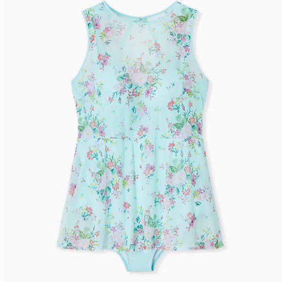 Torrid NWT Aqua Floral Mesh Skater Swim Suit Dress